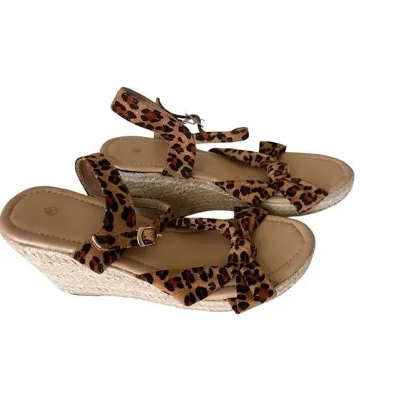 Leopard Print Wedge Sandals Women’s 8.5 Espadrille Platform Bow Strappy Shoes - Picture 4 of 10